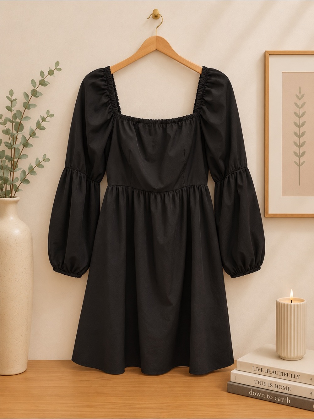 Black Square-Neck Puff Sleeve Mini Dress